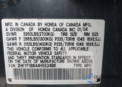 2004 Honda Pilot Ex-L z USA, uszkodzony, nr VIN 2HKYF18644H553498